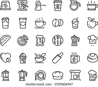 Food line icon set - hot cup, beer, green tea, pizza, coffee to go, french dog, chef hat, calsone, pot, bread, cocktail, press, coffe maker, iced, top view, love, machine, beans, capsule, turkish