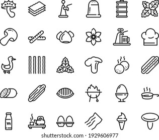 Food Line Icon Set - Hot Dog, Ice Cream Horn, Tea Ceremony, Salami, Meringue, Goose, Meatballs, Bbq, Chef Hat, Pan, Egg Stand, Milk Bottle, Baguette, Beer Keg, Tap, Mushroom, Star Anise, Salt, Mint