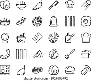 Food line icon set - Hot Bowl, chief hat, pizza, piece, chef, bread, steak, omelette, roasted sausages, bbq, cooking pan, knife board, whisk, stove top view, eggs yolk, pepper, garlic, salt