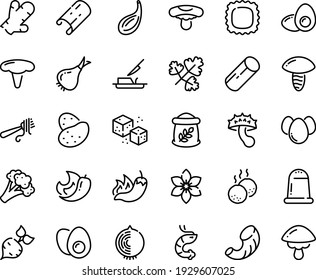 Food line icon set - hot pepper, shrimp, fork with pasta, butter knife, refined sugar, meatballs, eggs yolk, egg, flour bag, potato, beet, onion, broccoli, chili, cinnamon, ginger, star anise, salt