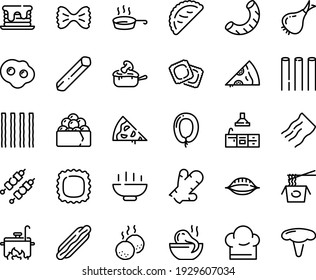 Food line icon set - Hot Bowl, pizza piece, dog, octopus soup, chinese pasta, gunkan, calsone, ravioli, sausage, julienne, kebab, meatballs, chef hat, pan, kitchen, cooking, omelette, pancake, onion