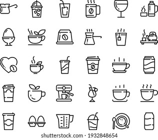 Food line icon set - hot cup, green tea, drink, coffee to go, ceremony, wine glass, cocktail, iced, top view, turkish, irish, love, machine, capsule, beaker, egg stand, thermo flask, soda, paper