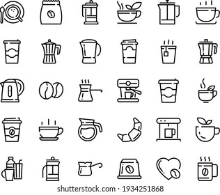 Food line icon set - hot cup, coffee to go, green tea, pot, croissant, french press, coffe maker, top view, turkish, love, machine, pack, beans, capsule, kettle, drinks, paper