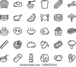Food Line Icon Set - Hot Bowl, Plate Spoon Fork, French Fries, Rice, Chinese Pasta, Pizza, Sausages, Sausage On, Dog, Steak, Pretzel, Meringue, Pancakes, Cutlet, Chicken Leg, Wing, Omelette, Cookies