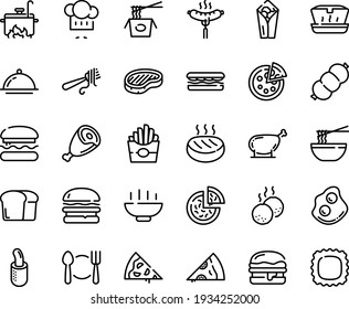 Food line icon set - Hot Bowl, plate spoon fork, pizza piece, burger, sandwich, french fries, burito, lunch box, chinese pasta, funchose, chef hat, with, sausage on, steak, ham, omelette, dog, bread