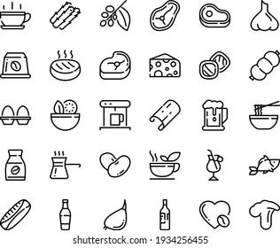 Food line icon set - hot cup, salad, meat, beer, fish, funchose, cheese, coffe maker, coffee tree, instant, irish, love, capsule, sausage, cutlet, steak, egg stand, turkish, green tea, wine bottle