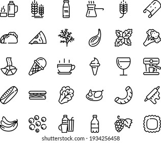 Food line icon set - hot cup, spike, milk bottle, sandwich, tacos, pizza piece, ice cream horn, fortune cookie, grape, wine glass, coffee machine, chicken, rolling pin, drinks, turkish, thermo flask