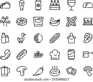 Food line icon set - hot dog, tacos, ravioli, wine glass, goose, french press, turkish coffee, milk bootle and pack, cutlet, chef hat, apron, soda, whiskey, pancake, bread, beer, box, aluminium
