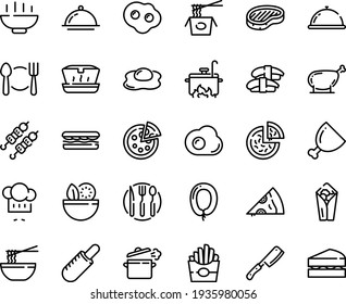 Food Line Icon Set - Hot Bowl, Plate Spoon Fork, Dish Dome, Salad, Sandwich, French Fries, Pizza, Burito, Piece, Dog, Lunch Box, Chinese Pasta, Funchose, Sashimi, Kebab, Chef Hat, Steak, Sausage