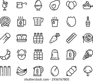 Food line icon set - hot tea, lunch box, ice cream, pretzel, croissant, baguette, champagne, cheese plate, julienne, turkish coffee, irish, sausage, kettle, beaker, broaken egg, stand, eggs, timer