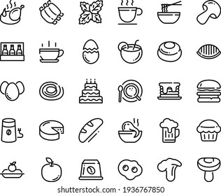 Food line icon set - hot cup, burger, octopus soup, funchose, fried chicken, charlotte cake, cheese, coffee, mill, top view, capsule, ribs, broaken egg, eggs, omelette, coconut cocktail, bread, big