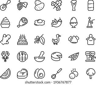 Food Line Icon Set - Hot Pepper, Lobster, Pizza Roll Knife, Grape, Ham, Beer Glass, Cheese, Meringue, Goose, Cupcake, Coffee Tree, Machine, Meat, Meatballs, Whisk, Fork Spoon Plate, Apron, Egg Stand