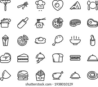 Food line icon set - Hot Bowl, plate spoon fork, dish dome, meat, sandwich, french fries, pizza, burito, sausage on, piece, fried chiken leg, dog, chinese pasta, chef hat, with, steak, burger, ham