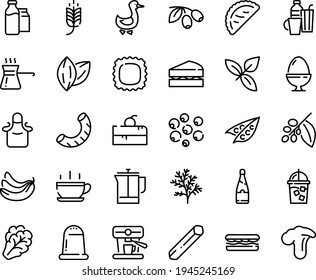 Food line icon set - hot cup, cherry cake piece, spike, sandwich, calsone, basil, olives, goose, iced coffee, french press, tree, machine, milk bootle and pack, apron, egg stand, drinks, turkish