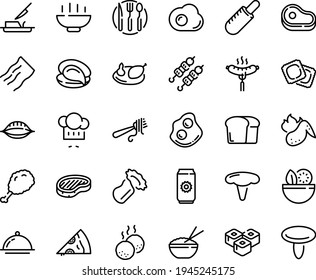 Food Line Icon Set - Hot Bowl, Salad, Meat, Pizza Piece, Fried Chiken Leg, French Dog, Rice, Oyster, Sushi Roll, Kebab, Chef Hat, Fork With Pasta, Ravioli, Sausage On, Steak, Omelette, Butter Knife