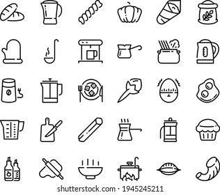 Food line icon set - Hot Bowl, bread, temaki, dough and rolling pin, pasta in pan, ketchup, omelette, cheese plate, coffe maker, french press, coffee mill, turkish, pot, knife board, cooking glove