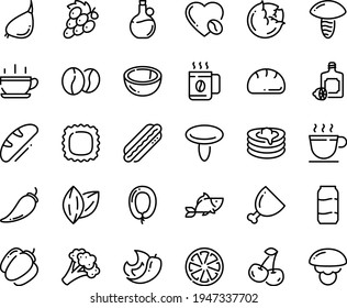 Food Line Icon Set - Hot Cup, Fish, Lemoncello, Olive Oil, Dog, Sausage, Pancakes, Coffee, Love, Beans, Ham, Bread, Beer Aluminium, Cabbage, Broccoli, Pepper, Bell, Garlic, Cherry, Citrus, Coconut