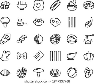 Food line icon set - Hot Bowl, pizza, dim sum, octopus soup, chinese pasta, oyster, sashimi, temaki, chicken leg, pan, omelette, pumpkin, bell pepper, ginger, onion, cardamon, orecchiette, bucatini