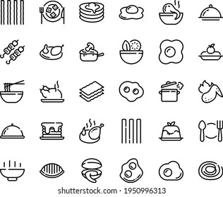 Food line icon set - Hot Bowl, plate spoon fork, dish dome, salad, octopus soup, funchose, clam, chinese chicken, kebab, panna cotta, omelette, fried, charlotte cake, cheese, julienne, pancakes