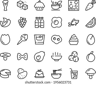 Food line icon set - Hot Bowl, cupcake, funchose, panna cotta, beer glass, cheese, refined sugar, fish, stove top view, broaken egg, omelette, green tea, soda, whiskey, bottle, potato, carrot, plum