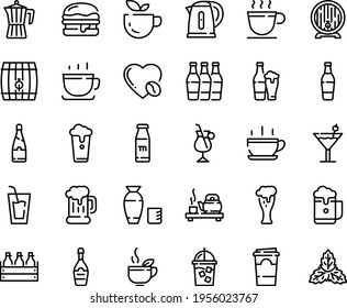 Food line icon set - hot cup, green tea, drink, ceremony, rice vodka, coffee, beer mug, burger, box, barrel, glass, champagne, iced, pot, irish, love, kettle, cocktail, milk bottle, paper, foam