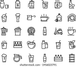 Food line icon set - hot cup, drink, tea, to go, ceremony, rice vodka, lemoncello, wine, beer box, milk tank, barrel, glass, cocktail, coffee, top view, pot, turkish, bootle and pack, french press