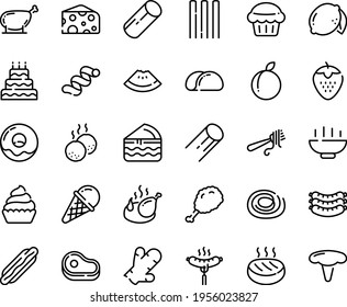 Food line icon set - Hot Bowl, meat, watermelon piece, dog, fried chiken leg, cheese, fork with pasta, ice cream, sausages, sausage on, chicken, donut, cupcake, cutlet, meatballs, big cake, muffin