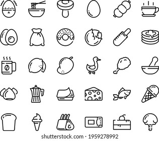 Food line icon set - hot cup, cherry cake piece, donut, fried chiken leg, ice cream horn, french dog, funchose, cheese, pate can, meringue, goose, pancakes, coffee pot, sausage, fish, ribs, egg