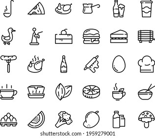 Food line icon set - hot cup, cherry cake piece, sausage on fork, pizza, lunch box, rice bowl, green tea, burger, fried chicken, goose, coffee to go, turkish, milk bootle and pack, chef hat, ladle