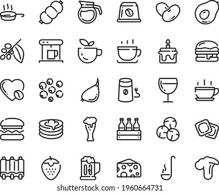 Food line icon set - hot cup, burger, green tea, cheese, coffee, ravioli, beer glass, wine, pancakes, coffe maker, mill, tree, love, capsule, sausage, ribs, pan, ladle, pot, mug, cake, box, beans