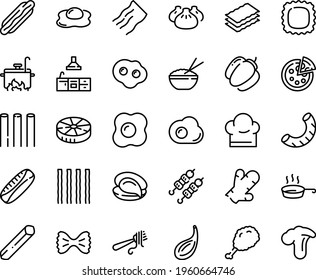 Food line icon set - hot dog, fried chiken leg, rice bowl, dim sum, oyster, kebab, fork with pasta, pizza, chef hat, pan, kitchen, cooking, omelette, bell pepper, ginger, cardamon, penne, bucatini