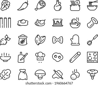 Food line icon set - Hot Bowl, octopus soup, funchose, chef hat, dough and rolling pin, pasta in pan, olive oil, ham, chicken, meatballs, knife board, whisk, cooking glove, stove top view, omelette