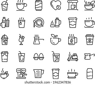 Food line icon set - hot cup, coffee to go, green tea, drink, ceremony, cocktail, coffe maker, iced, top view, turkish, irish, love, machine, beaker, egg stand, drinks, thermo flask, soda, glass