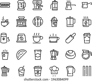 Food line icon set - hot cup, beer, sandwich, cafe shop, tea, coffee to go, french dog, green, chef hat, calsone, pot, cocktail, iced, press, mill, turkish, machine, capsule, fork spoon knife plate