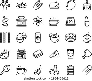 Food Line Icon Set - Hot Cup, Cafe, Shop, Pizza Piece, Shrimp, Coffee, Pate Can, Fried Chicken, French Dog, Pancakes, To Go, Capsule, Ham, Kebab, Easter Egg, Coconut Cocktail, Cake, Beer Aluminium