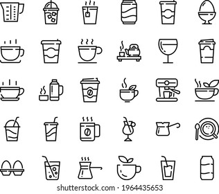 Food line icon set - hot cup, coffee to go, green tea, drink, ceremony, wine glass, cocktail, iced, top view, turkish, irish, machine, beaker, egg stand, thermo flask, soda, paper, beer aluminium