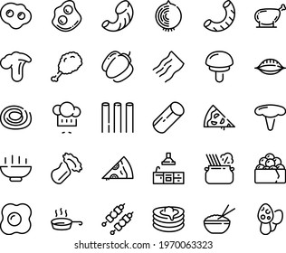 Food line icon set - Hot Bowl, pizza piece, fried chiken leg, rice, gunkan, chef hat, pasta in pan, omelette, pancakes, kebab, chicken, kitchen, bell pepper, onion, conchiglie, bucatini, pipe rigate
