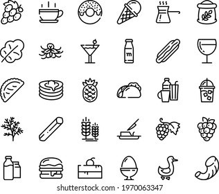 Food line icon set - hot cup, cherry cake piece, dog, tacos, donut, calsone, ice cream, grape, spike, burger, wine glass, goose, pancakes, butter knife, iced coffee, milk bootle and pack, egg stand