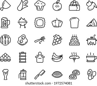 Food line icon set - hot cup, pizza piece, gunkan, fork with pasta, omelette, beer glass, bakery, ham, sausage on, bbq, chicken wing, spoon knife plate, apron, cooking, chef, egg pack, french press