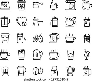 Food line icon set - hot cup, coffee to go, green tea, pot, french press, coffe maker, iced, mill, turkish, tree, instant, irish, love, beans, capsule, kettle, paper
