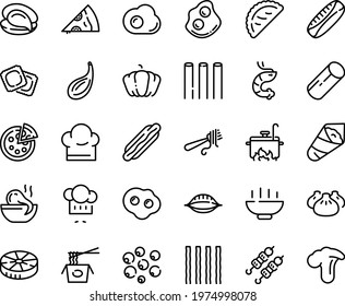 Food line icon set - Hot Bowl, dog, pizza piece, dim sum, octopus soup, chinese pasta, oyster, shrimp, kebab, temaki, chef hat, calsone, fork with, ravioli, omelette, cooking, pumpkin, cardamon