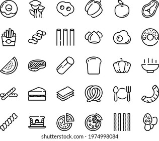 Food line icon set - Hot Bowl, plate spoon fork, french fries, pizza, donut, steak, pretzel, meringue, omelette, bread piece, baguette, sanwich, pancake, pumpkin, bell pepper, watermelon, bucatini