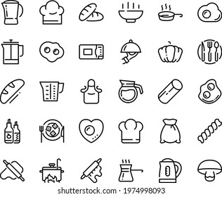 Food line icon set - Hot Bowl, chief hat, bread, dough and rolling pin, ketchup, omelette, dish dome, cheese plate, french press, coffee pot, chef, pan, fork spoon knife, apron, microwave oven