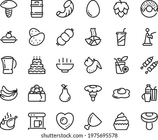 Food line icon set - Hot Bowl, donut, drink to go, fortune cookie, gunkan, fried chicken, charlotte cake, cupcake, coffe maker, coffee pot, ham, sausage, kebab, wing, egg, love, omelette, drinks