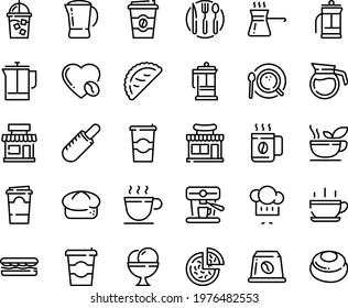 Food line icon set - hot cup, coffee to go, cafe, sandwich, shop, pizza, french dog, chef hat, calsone, bread, ice cream, press, iced, top view, love, machine, capsule, pot, fork spoon knife plate