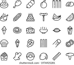 Food line icon set - Hot Bowl, dog, french fries, burito, sausage on fork, donut, fried chiken leg, ice cream horn, cheese, salami, chicken, cutlet, big cake, muffin, cookies, arugula, banana, plum