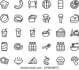 Food line icon set - Hot Bowl, plate spoon fork, pizza piece, drink to go, rice, funchose, tea ceremony, oyster, shrimp, with pasta, ravioli, beer glass, cocktail, meat, cooking pan, knife, soda