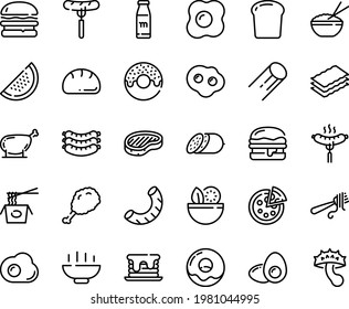 Food line icon set - Hot Bowl, salad, burger, sausage on fork, donut, fried chiken leg, rice, chinese pasta, with, pizza, salami, sausages, steak, chicken, omelette, egg yolk, milk bottle, pancake