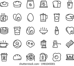 Food line icon set - Hot Bowl, cup, coffee to go, tea, bread, donut, cheese, plate, french dog, press, pancakes, love, pack, capsule, sowbelly, egg, eggs yolk, omelette, turkish, kettle, pancake