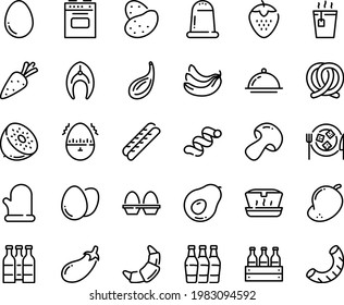 Food line icon set - hot tea, lunch box, pretzel, croissant, baguette, cheese plate, fish steak, cooking glove, dish dome, stove, egg, stand, timer, beer bottle, bottles, potato, carrot, mushroom